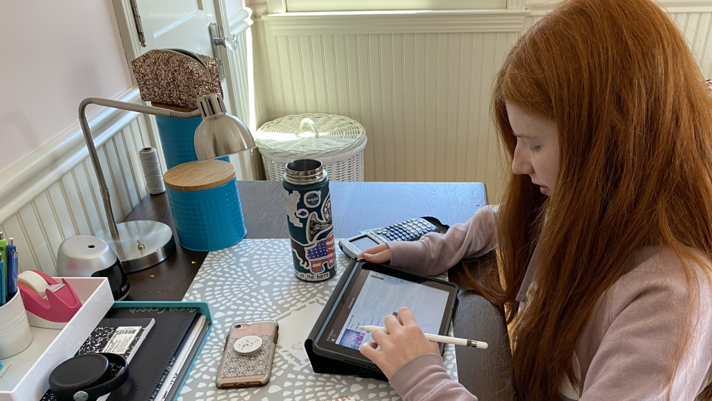 a high school student learns remotely at her desk