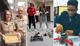 Collage of two women in a kitchen; two students using robotics; and one student using robotics.